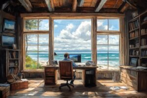 agenzia immobiliare accogliente con mare sullo sfondo