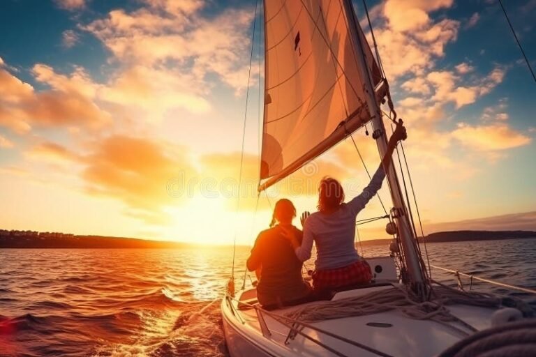 barca a vela al tramonto con amici felici