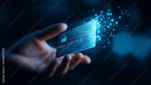carta di credito in mano con sfondo digitale