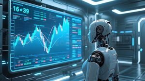 computer con grafici finanziari e robot umanoide