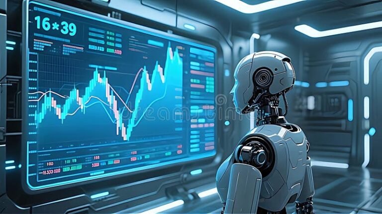 Come Funzionano i Bot per Acquistare Titoli di Stato in Modo Sicuro 8 computer con grafici finanziari e robot umanoide
