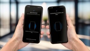 due smartphone samsung con frecce di trasferimento dati