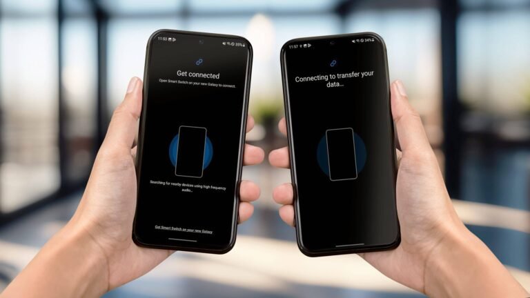 due smartphone samsung con frecce di trasferimento dati