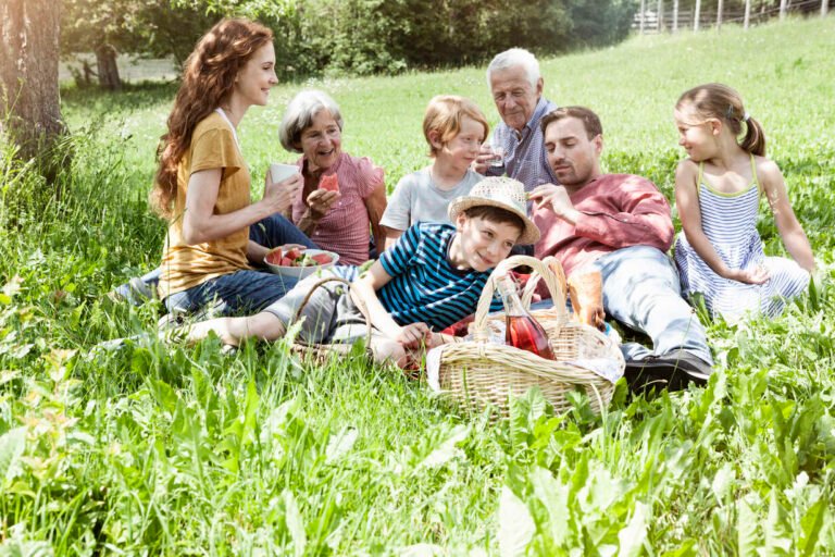 famiglia che fa picnic in un prato verde