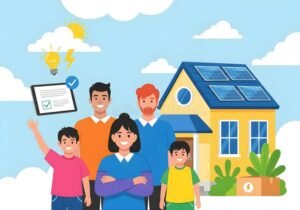 famiglia felice davanti a casa con risparmio