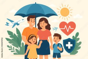 famiglia felice sotto un ombrello protettivo 1