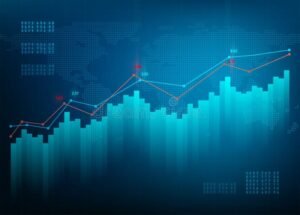 grafico azionario in crescita su sfondo blu