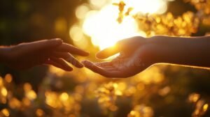 mani che si tengono con luce dorata