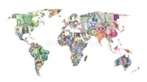 mappa con banconote e simboli di valuta internazionale