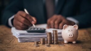 moneta accanto a documenti bancari e calcolatrice