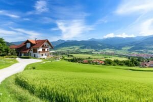 paesaggio rurale con casale e campi verdi