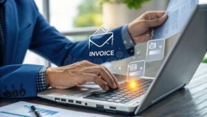 professionista al lavoro con laptop e fatture