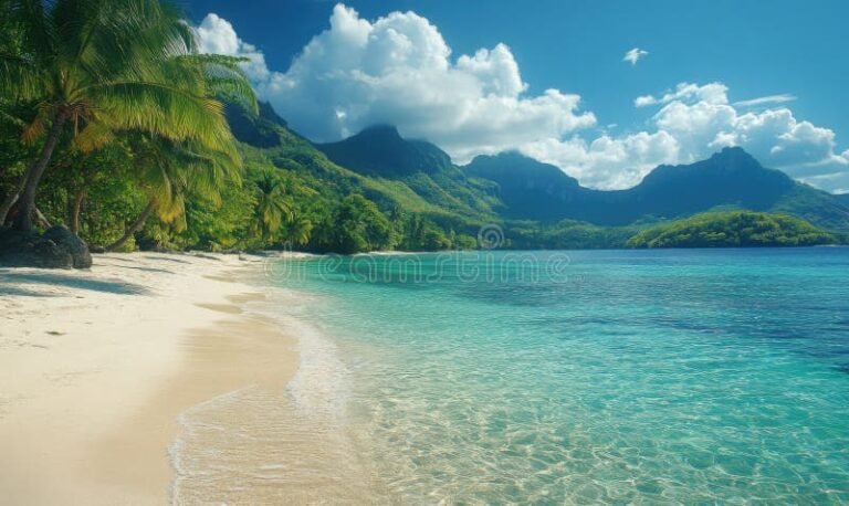spiaggia panoramica con montagne sullo sfondo