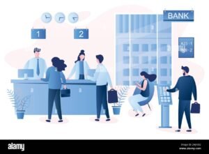 ufficio bancario con clienti in attesa