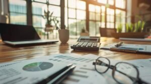ufficio con calcolatrice documenti e laptop